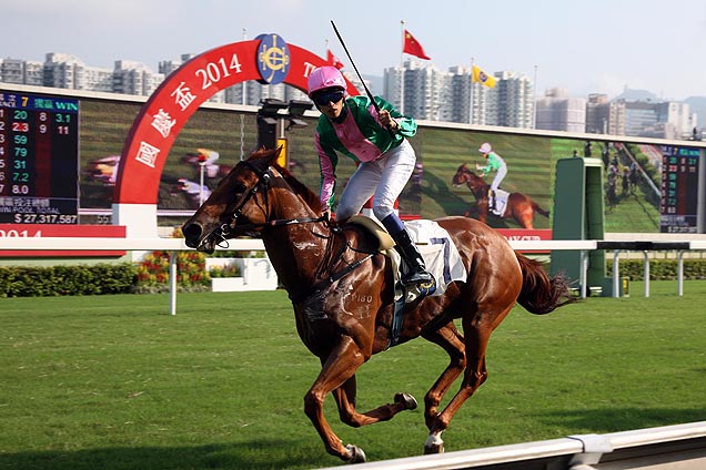 Bundle Of Joy (No. 7) takes the National Day Cup (HK G3-1000m) under jockey Vincent Ho.