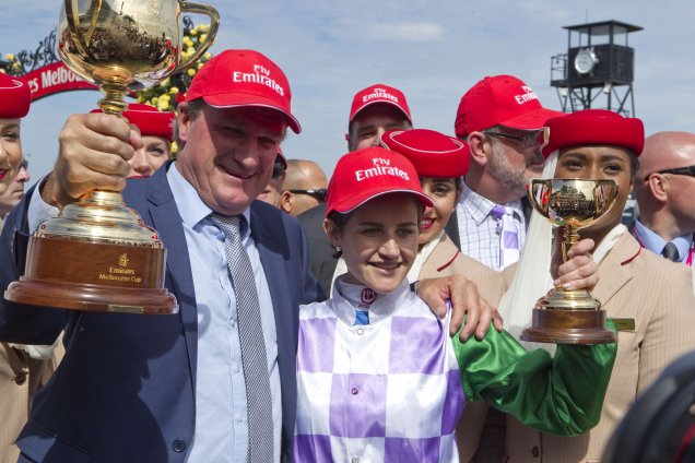 Darren Weir and Michelle Payne after Prince Of Penzance winning the 2015 Melbourne Cup.
