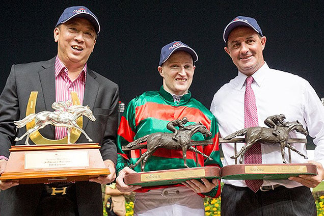 Craig Newitt (centre) after winning the Aushorse Golden Horseshoe with Super One, trained by Michael Freedman (right)