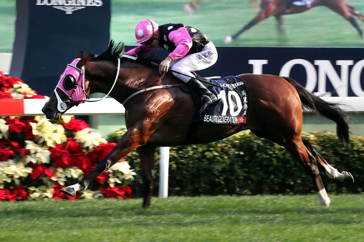 Derek Leung partners the John Moore-trained Beauty Generation (No. 10) to victory in the LONGINES Hong Kong Mile (Group 1, 1600m) at Sha Tin
