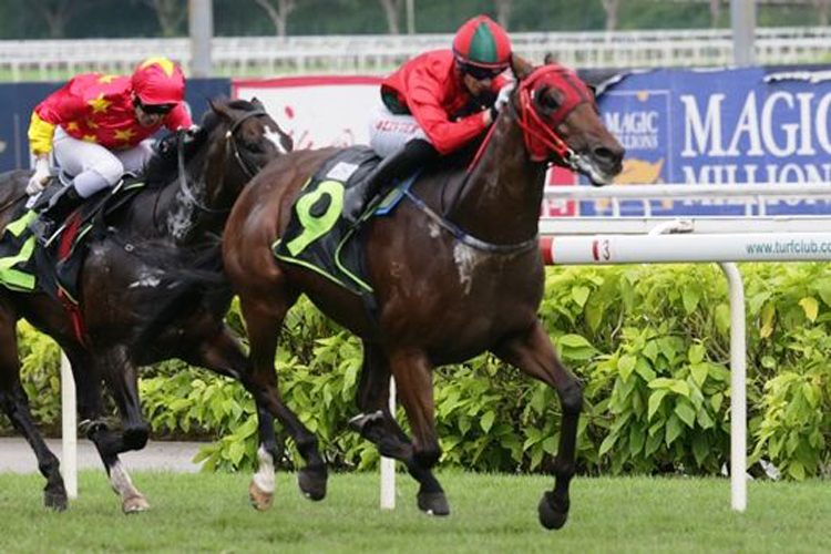 Super Fortune winning the THE HONG KONG JOCKEY CLUB TROPHY KRANJI STAKES A