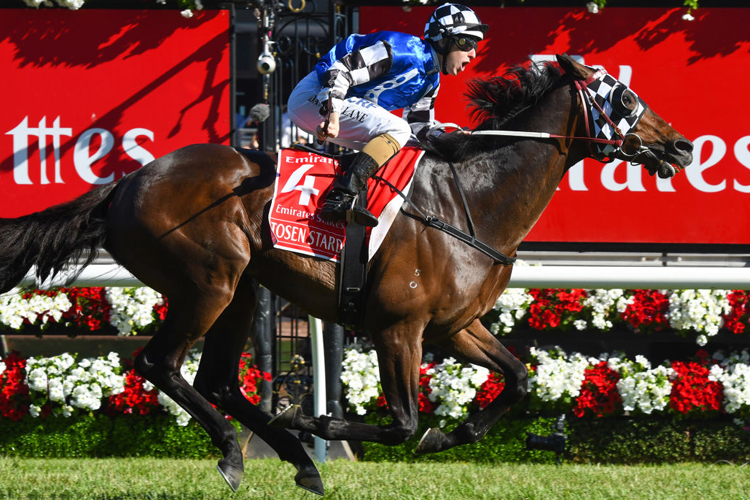 TOSEN STARDOM winning the Emirates Stakes during 2017 Stakes Day at Flemington