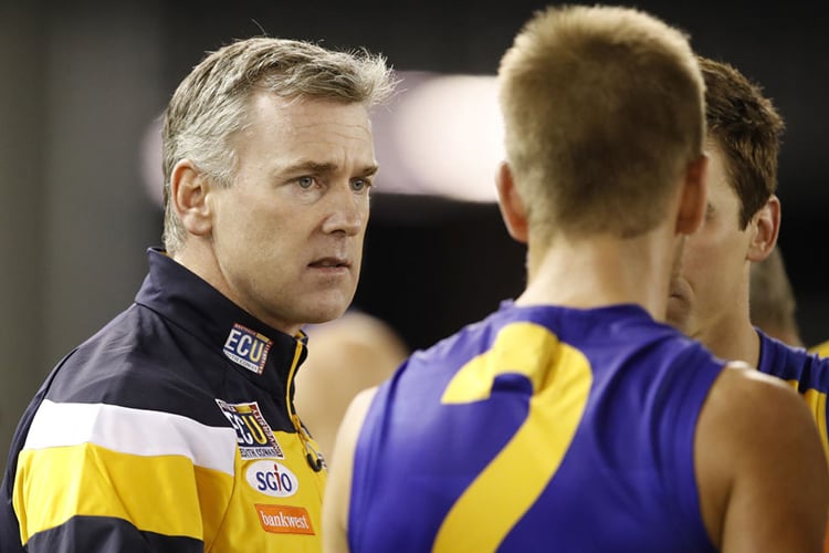 ADAM SIMPSON, Senior Coach of the Eagles chats to Mark LeCras of the Eagles during the 2017 AFL match between the Collingwood Magpies and the West Coast Eagles at Etihad Stadium in Melbourne, Australia.