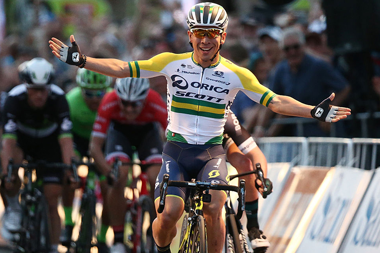 Australian cyclist CALEB EWAN of the Orica - Scott team celebrates after winning the People's Choice Classic street race in Adelaide, Australia.