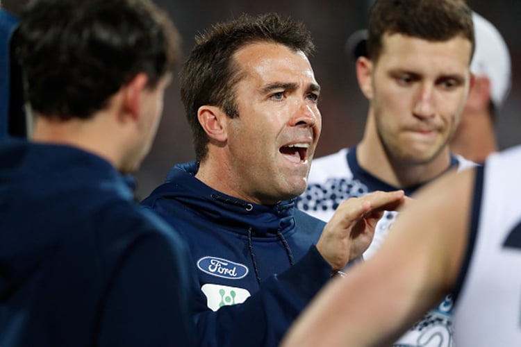 CHRIS SCOTT, Senior Coach of the Cats addresses his players during the 2017 AFL match between the Geelong Cats and Port Adelaide Power at Simonds Stadium in Geelong, Australia.