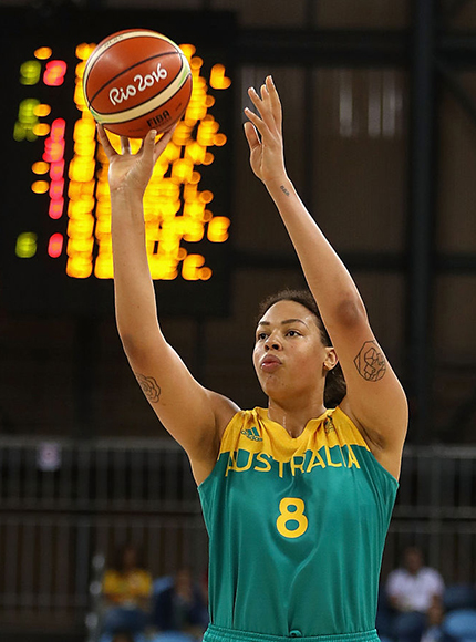 ELIZABETH CAMBAGE of Australia attempts a shot during a Women's Basketball Preliminary Round game in Rio 2016 Olympic Games at Youth Arena in Rio de Janeiro, Brazil.