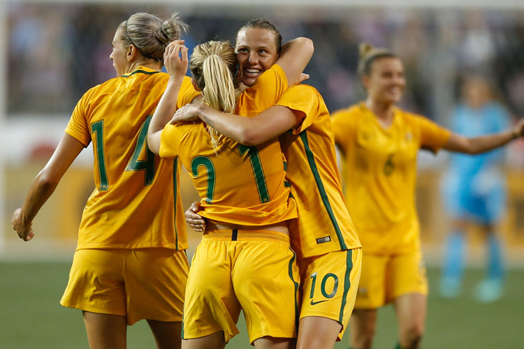 EMILY VAN EGMOND of Australia celebrates with Ellie Carpenter after defeating the United States 1-0 during the 2017 Tournament of Nations at CenturyLink Field in Seattle, Washington. EMILY VAN EGMOND of Australia celebrates with Ellie Carpenter after defeating the United States 1-0 during the 2017 Tournament of Nations at CenturyLink Field in Seattle, Washington.