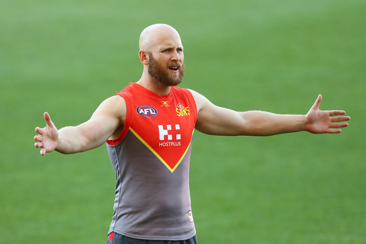 GARY ABLETT reacts during a Gold Coast Suns AFL training session at Metricon Stadium in Gold Coast, Australia.