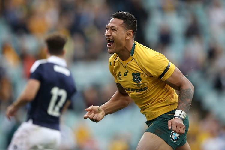 ISRAEL FOLAU of the Wallabies celebrates scoring a try during an International Test match at Allianz Stadium in Sydney, Australia.