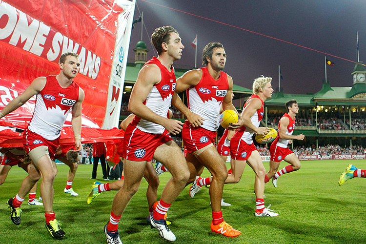 JOSH KENNEDY and Dan Robinson of the Swans run out on to the field during the AFL match between the Sydney Swans and the Collingwood Magpies at SCG in Australia.
