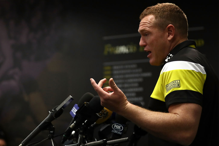 Tigers assistant coach JUSTIN LEPPITSCH speaks to the media prior to a Richmond Tigers AFL training session at Punt Road Oval in Melbourne, Australia.