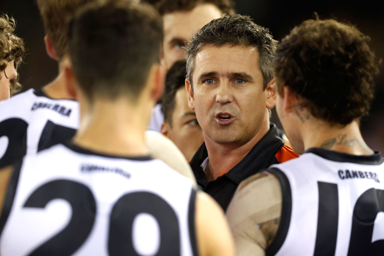 LEON CAMERON, Senior Coach of the Giants addresses his players during the 2017 AFL match between the Carlton Blues and the GWS Giants at Etihad Stadium in Melbourne, Australia.