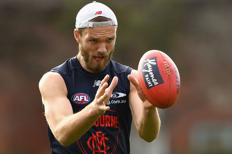 MAX GAWN of the Demons marks during a Melbourne Demons AFL training session at Gosch's Paddock in Melbourne, Australia.