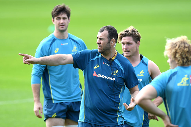 MICHAEL CHEIKA speaks to his players during an Australian Wallabies training session at Ballymore Stadium in Brisbane, Australia.