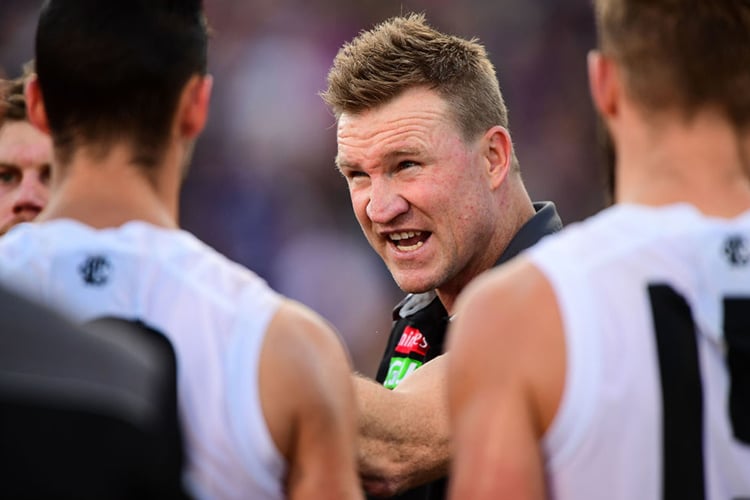 NATHAN BUCKLEY, coach of the Magpies addresses the team during the 2017 AFL match between the Fremantle Dockers and the Collingwood Magpies at Domain Stadium in Perth, Australia.