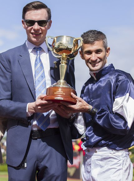 Trainer Joseph O'Brien and Jockey Corey Brown after Rekindling winning the Emirates Melbourne Cup