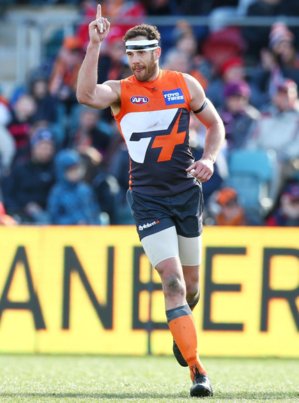 CANBERRA, AUSTRALIA - AUGUST 05: Shane Mumford of the Giants celebrates a goal during the round 20 AFL match between the Greater Western Sydney Giants and the Melbourne Demons at UNSW Canberra Oval on August 5, 2017 in Canberra, Australia. (Photo by Mark