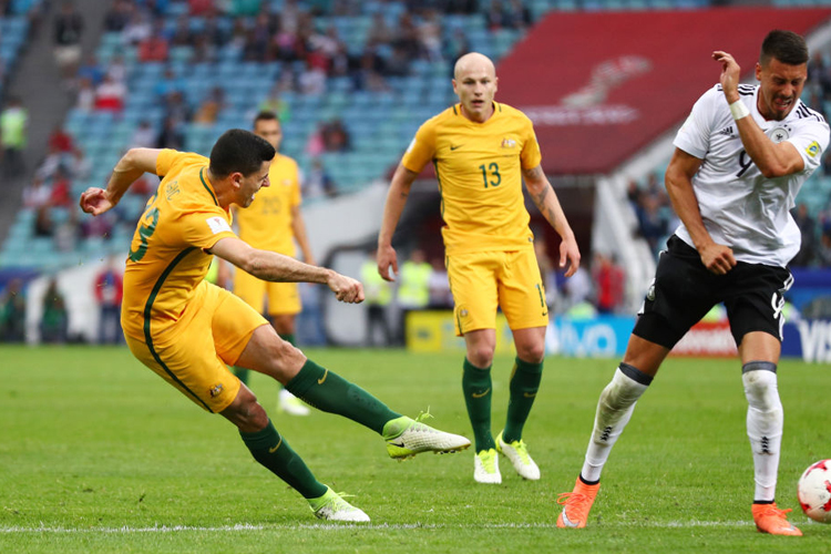 TOMMY ROGIC of Australia shoots during the FIFA Confederations Cup Russia 2017 Group B match between Australia and Germany at Fisht Olympic Stadium in Sochi, Russia. TOMMY ROGIC of Australia shoots during the FIFA Confederations Cup Russia 2017 Group B match between Australia and Germany at Fisht Olympic Stadium in Sochi, Russia.