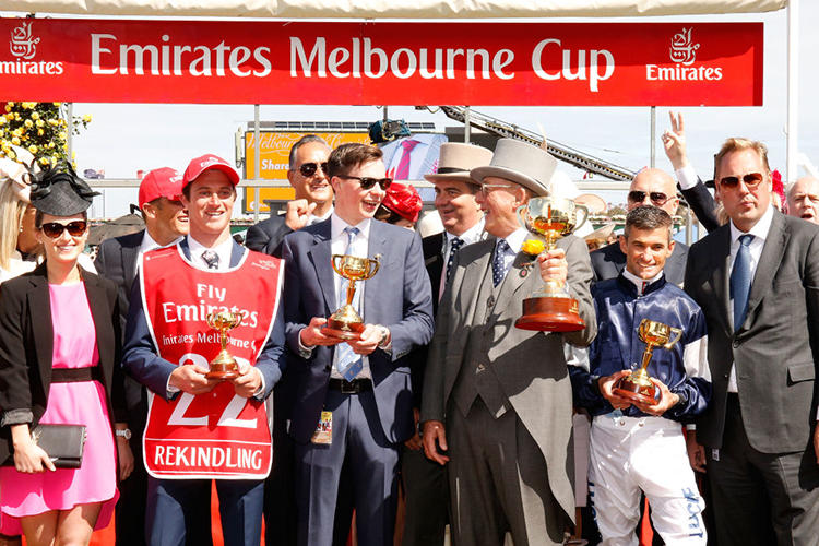 Winning connections of REKINDLING after winning the Melbourne Cup 2017 at Flemington