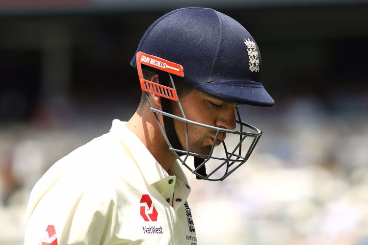ALASTAIR COOK of England looks dejected after being dismissed by Mitchell Starc of Australia in the First Test at The Gabba in Brisbane, Australia.