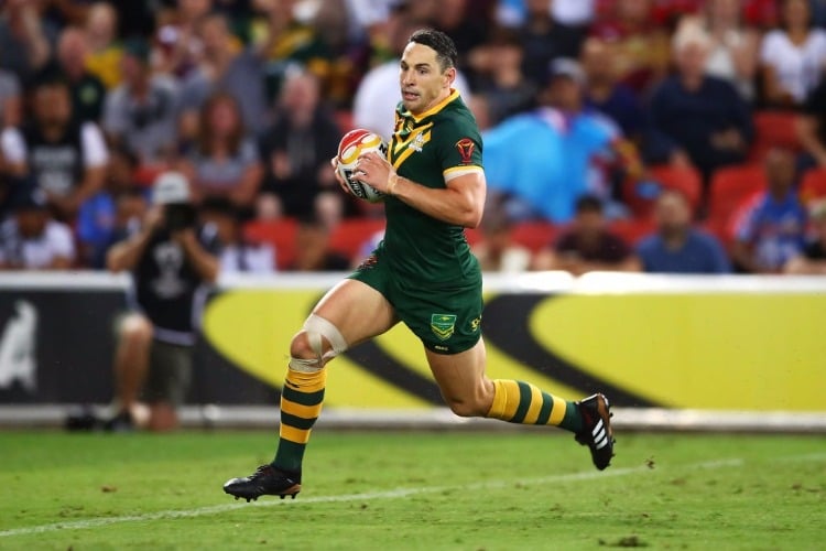 BILLY SLATER of Australia breaks away to score a try during the 2017 Rugby League World Cup Semi Final match at Suncorp Stadium in Brisbane, Australia