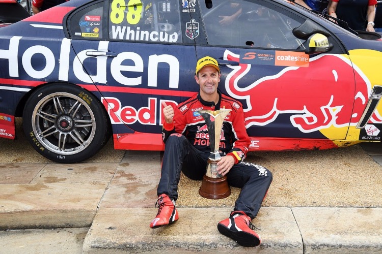 JAMIE WHINCUP driver of the #88 Red Bull Holden Racing Team celebrates after winning the 2017 Supercars Drivers Championship in Newcastle, Australia