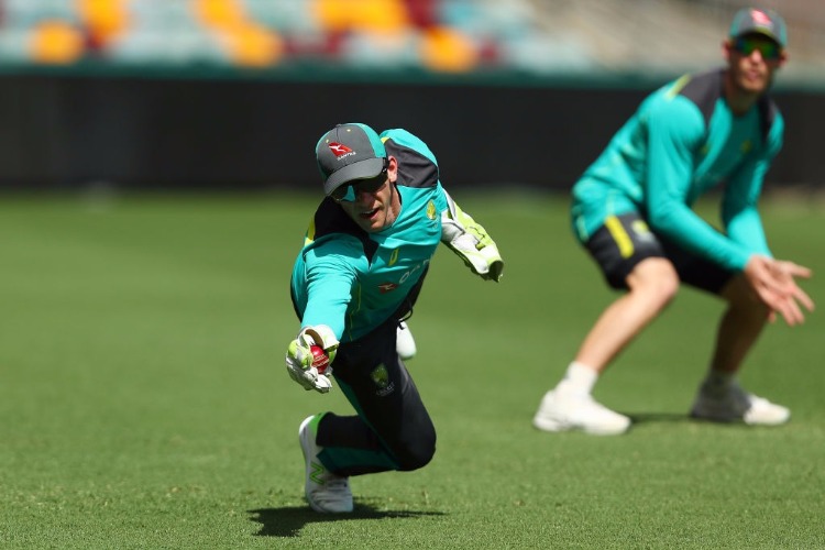 TIM PAINE dives for a catch during an Australia training session at The Gabba in Brisbane, Australia.