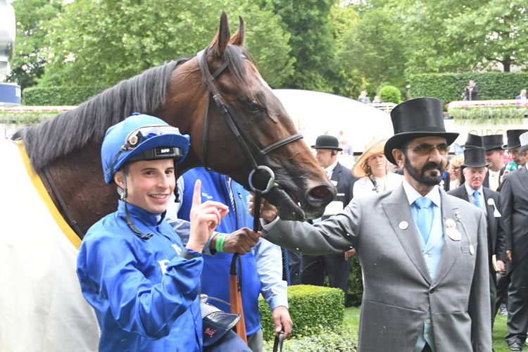 William Buick and Sheikh Mohammed and Blue Point after winning Kings Stand stakes