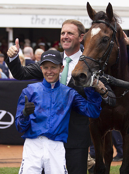 Jockey and Trainer after, Cross Counter winning the Lexus Melbourne Cup