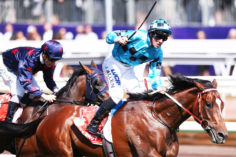 EXTRA BRUT winning the AAMI Victoria Derby during Derby Day at Flemington in Melbourne, Australia.