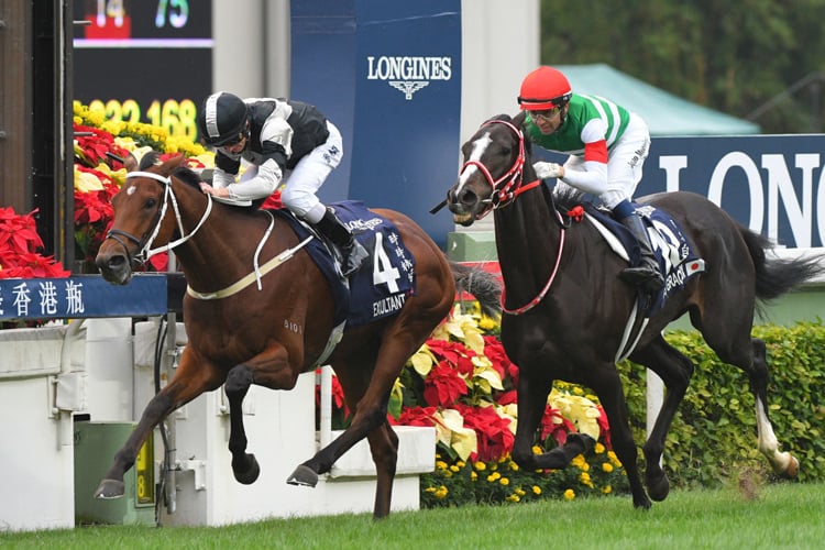 Exultant(left) winning the The Longines Hong Kong Vase during the LONGINES Hong Kong International Races at Sha Tin in Hong Kong.