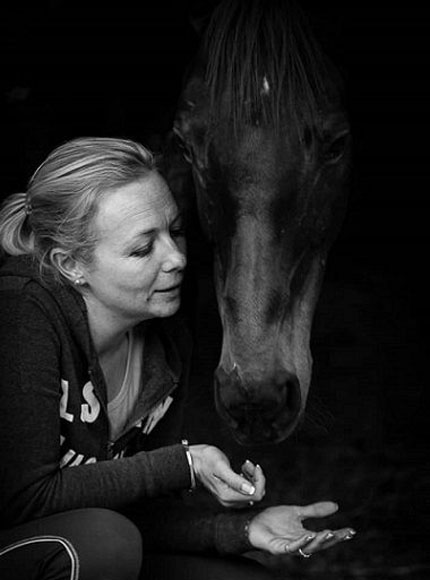 Flax and his new carer, trainer Bridget Stidolph.