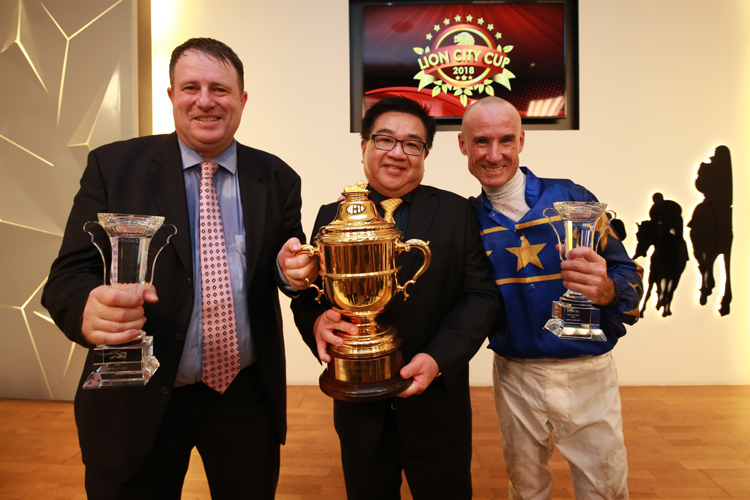 Winning connections Stephen Gray, Mr Lim and Glen Boss after Lim's Cruiser wins second Lion City Cup