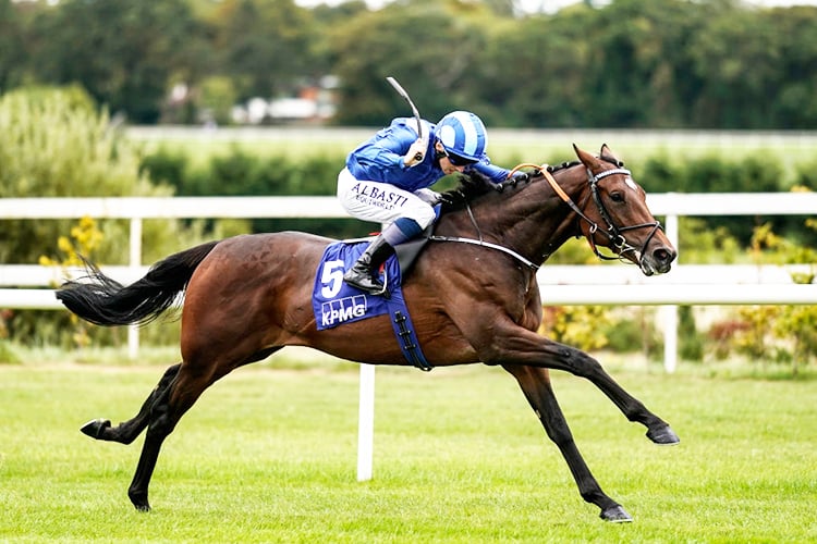 MADHMOON winning the KPMG Champions Juvenile Stakes at Leopardstown in Dublin, Ireland.