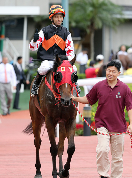 Joao Moreira completes his four-timer aboard the Dennis Yip-trained Winning Controller.