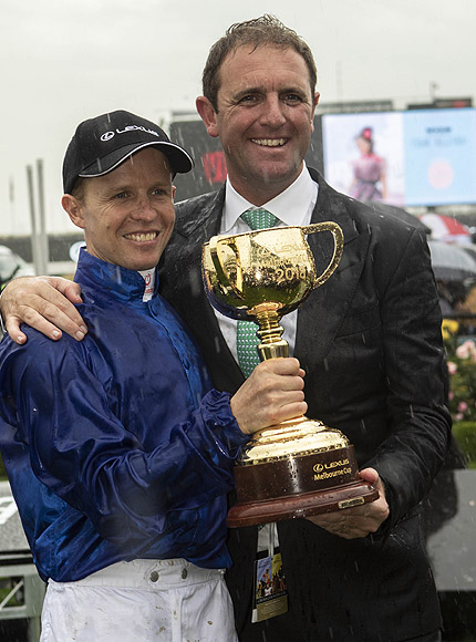 Kerrin McEvoy and Charlie Appleby with the Melbourne Cup