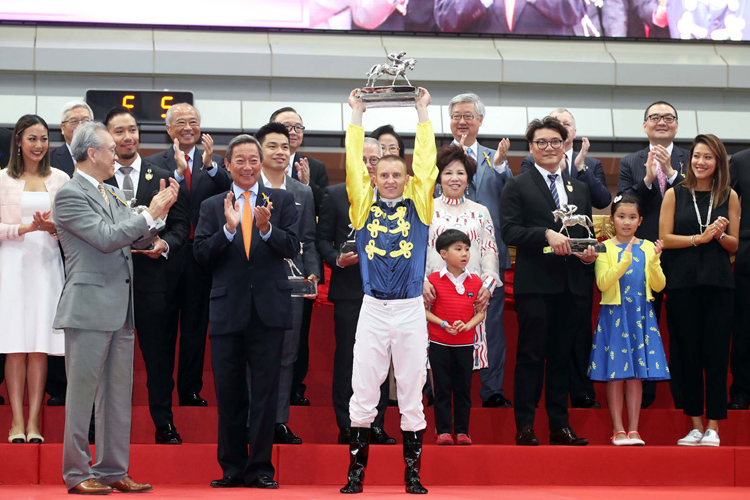 Zac Purton celebrates his second Champion Jockey title. Zac Purton celebrates his second Champion Jockey title.