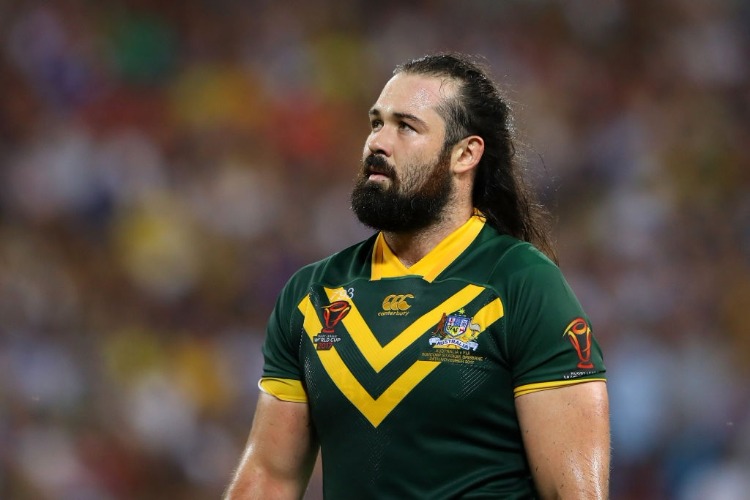 AARON WOODS of the Kangaroos looks on during the Rugby League World Cup Semi Final match between the Australian Kangaroos and Fiji at Suncorp Stadium in Brisbane, Australia.