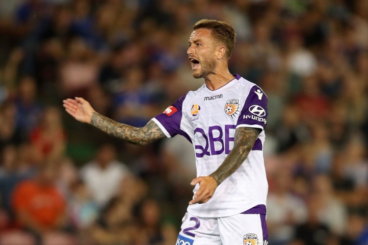 ADAM TAGGART of the Glory reacts during the round League match between the Newcastle Jets and the Perth Glory at McDonald Jones Stadium in Newcastle, Australia.