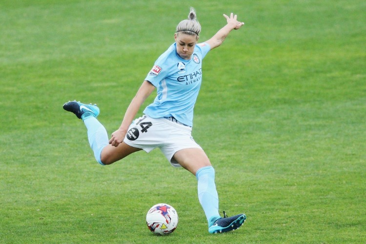 ALANNA KENNEDY of the City kicks the ball during the W-League match between Melbourne City and Adelaide United at CB Smith Reserve in Melbourne, Australia.