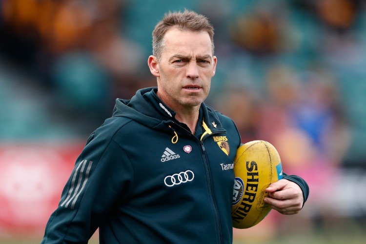 ALASTAIR CLARKSON, Coach of the Hawks looks on during the 2017 AFL match between the Hawthorn Hawks and the North Melbourne Kangaroos at the University of Tasmania Stadium in Launceston, Australia.