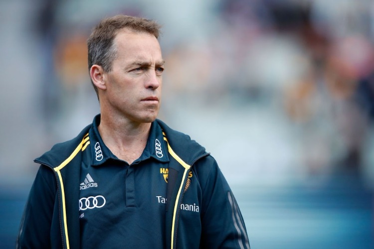 ALASTAIR CLARKSON, Senior Coach of the Hawks looks on during the 2017 AFL match between the Geelong Cats and the Hawthorn Hawks at the MCG in Melbourne, Australia.