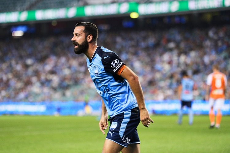 ALEX BROSQUE of Sydney reacts after being tackled during the A-League match between Sydney FC and the Brisbane Roar at Allianz Stadium in Sydney, Australia.