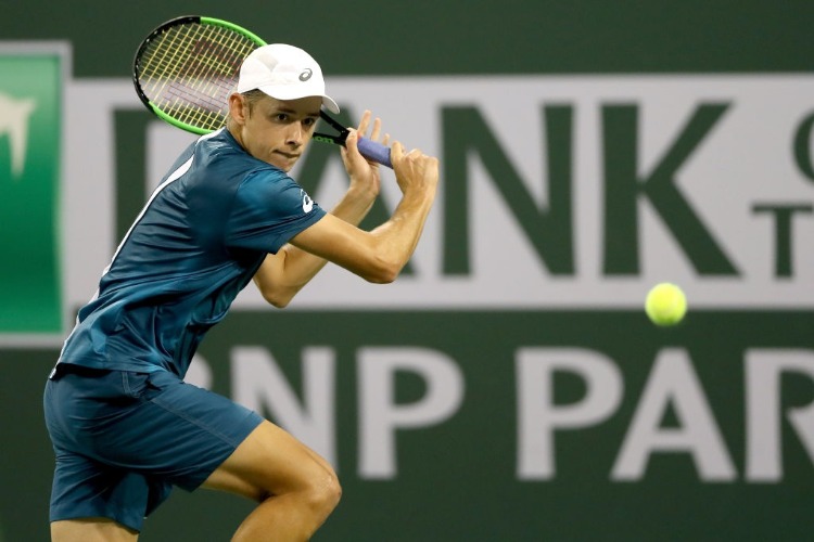 ALEX DE MINAUR of Australia plays Juan Martin Del Potro of Argentina during the BNP Paribas Open at the Indian Wells Tennis Garden in Indian Wells, California.