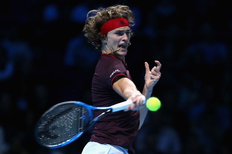 ALEXANDER ZVEREV of Germany plays a forehand during the Nitto ATP World Tour Finals at O2 Arena in London, England.