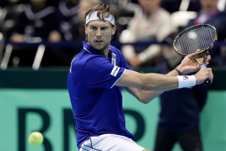 ANDREAS SEPPI of Italy plays a backhand in his singles match against Yuichi Sugita of Japan during the Davis Cup World Group between Japan and Italy at Morioka Takaya Arena in Morioka, Iwate, Japan. ANDREAS SEPPI of Italy plays a backhand in his singles match against Yuichi Sugita of Japan during the Davis Cup World Group between Japan and Italy at Morioka Takaya Arena in Morioka, Iwate, Japan.