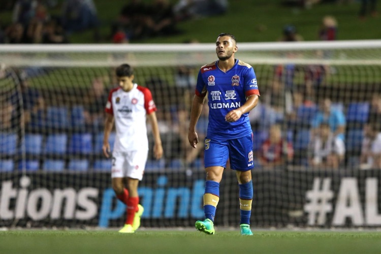 ANDREW NABBOUT of the Jets looks dejected after a near miss at goal during the A-League match between the Newcastle Jets and the Western Sydney Wanderers at McDonald Jones Stadium in Newcastle, Australia.