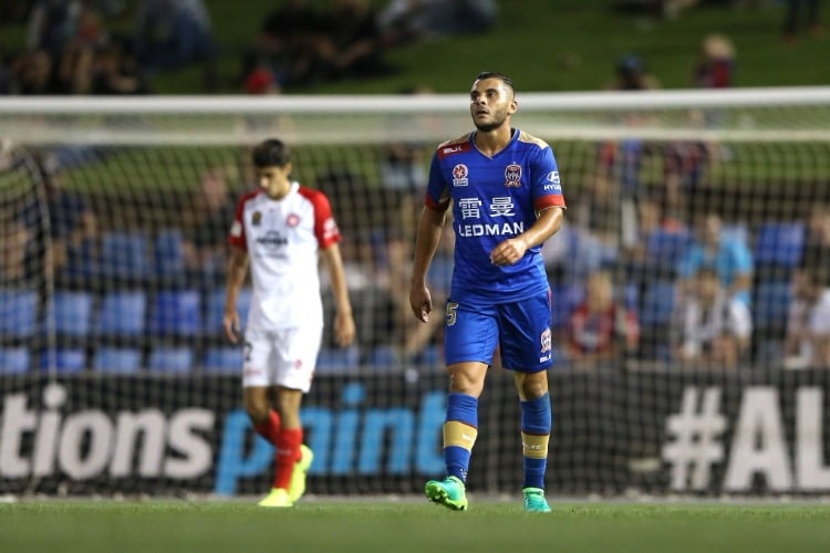 ANDREW NABBOUT of the Jets looks dejected after a near miss at goal during the A-League match between the Newcastle Jets and the Western Sydney Wanderers at McDonald Jones Stadium in Newcastle, Australia. ANDREW NABBOUT of the Jets looks dejected after a near miss at goal during the A-League match between the Newcastle Jets and the Western Sydney Wanderers at McDonald Jones Stadium in Newcastle, Australia.