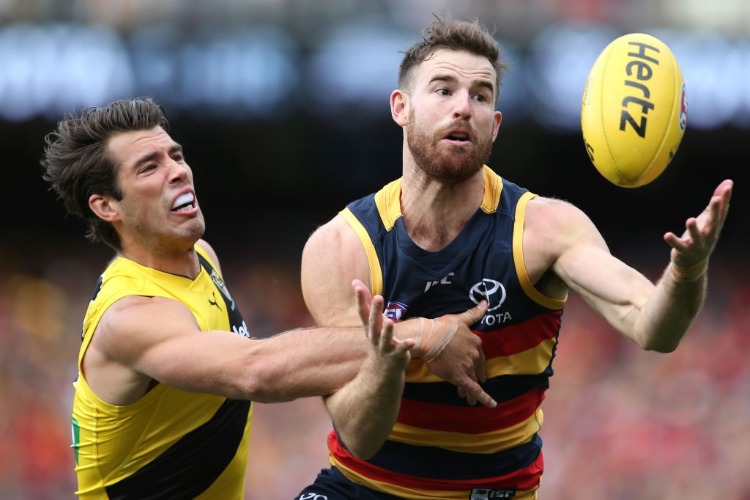 ANDY OTTEN of the Crows marks in front of Alex Rance of the Tigers during the 2017 AFL match between the Adelaide Crows and the Richmond Tigers at Adelaide Oval in Adelaide, Australia.
