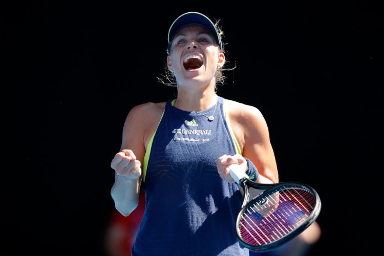 ANGELIQUE KERBER of Germany celebrates winning match point against Su-Wei Hsieh of Taipei of the 2018 Australian Open at Melbourne Park Australia.